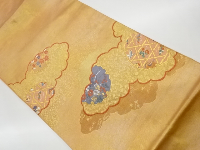 リサイクル　雲・雪輪に秋草・宝尽くし模様織出し名古屋帯